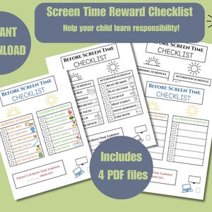 May include: A set of printable checklists titled Before Screen Time Checklist, featuring morning and afternoon schedules with checkboxes, sun icons, and small illustrations. The documents include sections for daily tasks and a space to record earned minutes.