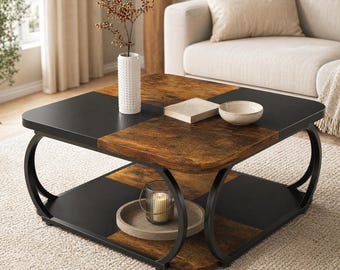 Large Square Coffee Table 2 Tier Storage — Wood Panel Top Curved Metal Frame