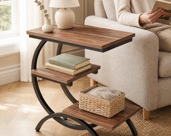C-Shaped End Table with 3-Tier Shelves — Industrial Wood and Metal Sofa Side Table