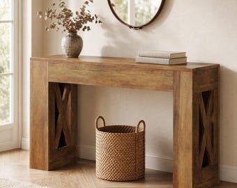 Farmhouse Console Table with Drawers — X-Shaped Legs, Entryway Hallway Sofa Table