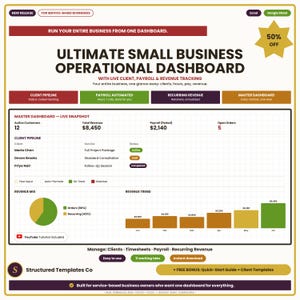 May include: A digital business management dashboard template for Excel and Google Sheets. The interface displays a master snapshot with active customers, total revenue, payroll, and open orders, alongside a client pipeline, revenue mix pie chart, and a monthly revenue trend bar graph.