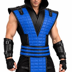 May include: A sleeveless blue and black quilted vest with a hood, featuring black leather-like shoulder straps with silver buckles. The outfit includes matching black forearm guards with dual silver buckles and fingerless gloves, creating a complete set.