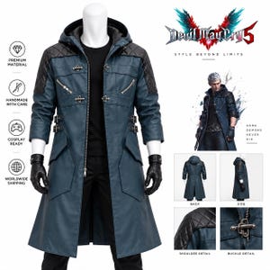 May include: A blue long coat with a hood, featuring black quilted shoulder panels, silver-tone metal toggle closures, and side buckles. The coat displays the Devil May Cry 5 logo and text, with additional views showing back, side, and detail shots.