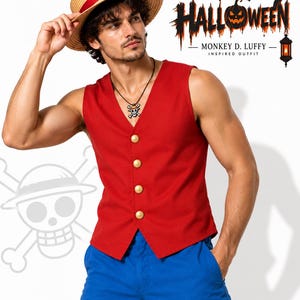 May include: A red sleeveless waistcoat with four gold buttons, blue shorts, a straw hat with a red ribbon, and a skull and crossbones pendant necklace. The image includes text reading HALLOWEEN MONKEY D. LUFFY INSPIRED OUTFIT and a skull graphic.