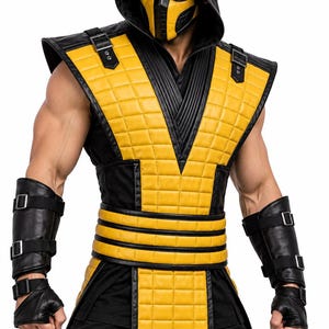 Puede incluir: Un chaleco acolchado amarillo y negro con capucha, que incluye una máscara facial a juego. El conjunto cuenta con protectores de brazo negros con hebillas plateadas y guantes sin dedos, creando un aspecto estructurado de colores vivos.