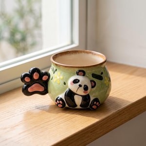 Può includere: Una tazza in ceramica con smalto maculato verde chiaro, caratterizzata da una figura di panda tridimensionale sul davanti e da un manico a forma di zampa di gatto nera e rosa. La tazza è decorata con piccoli motivi floreali gialli e un bordo marrone.