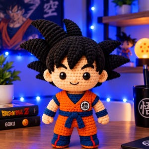 Puede incluir: Una muñeca de ganchillo del personaje Goku con pelo negro puntiagudo, cara color melocotón y grandes ojos negros. La muñeca viste un gi naranja con ribetes azules, un fajín azul y un parche circular blanco en el pecho con el kanji negro 悟.