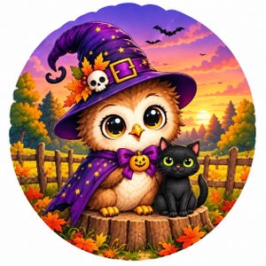 May include: A round illustration featuring a brown owl wearing a purple witch hat with a skull and yellow stars, and a purple cape with a pumpkin bow. A black cat sits beside the owl on a tree stump, with a wooden fence and autumn trees behind.
