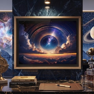 May include: A framed rectangular wall art piece depicting a celestial scene with concentric rings, clouds, and a horizon over mountains. The artwork is centered on a dark marble wall above a desk with books titled Cosmic Perspectives and a gold pen.