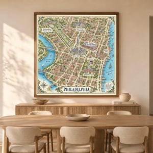 May include: A framed, illustrated map of Philadelphia featuring the Schuylkill and Delaware Rivers, City Hall, the Liberty Bell, Independence Hall, and the Philadelphia Museum of Art, with the word PHILADELPHIA printed at the bottom centre.