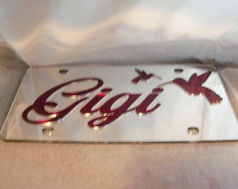 Targa personalizzata (con qualsiasi nome) con effetto laser a specchio, argento/rosso, NUOVA!!