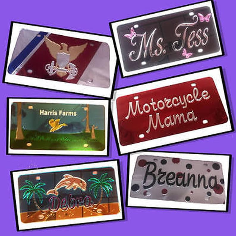 May include: A collection of ten personalized license plates with various designs and text. The plates feature a variety of colors, including red, blue, green, and white. The text on the plates includes "Ms. Tess", "Motorcycle Mama", "Harris Farms", "Debra", and "Breanna".