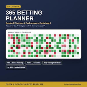 May include: A digital 365 Betting Planner Pro Edition template for Excel and Google Sheets. It features a 365-day profit calendar with a grid of red and green squares, plus sections for CLV and streak tracking, risk and loss limits, and a Kelly staking calculator.
