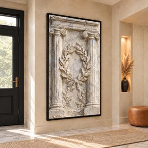 Greek Column and Laurel Wreath Canvas Wall Art, Relief Look Classical Print, Tall Narrow Vertical Neutral Decor