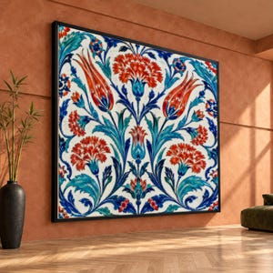 Iznik Tile Pattern Canvas Wall Art, Turkish Tulip and Carnation Print, Ottoman Floral Islamic Wall Art, Square Blue Living Room Decor