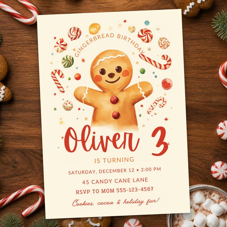 Gingerbread Birthday Invitation, Editable Christmas Winter Kids Party ...