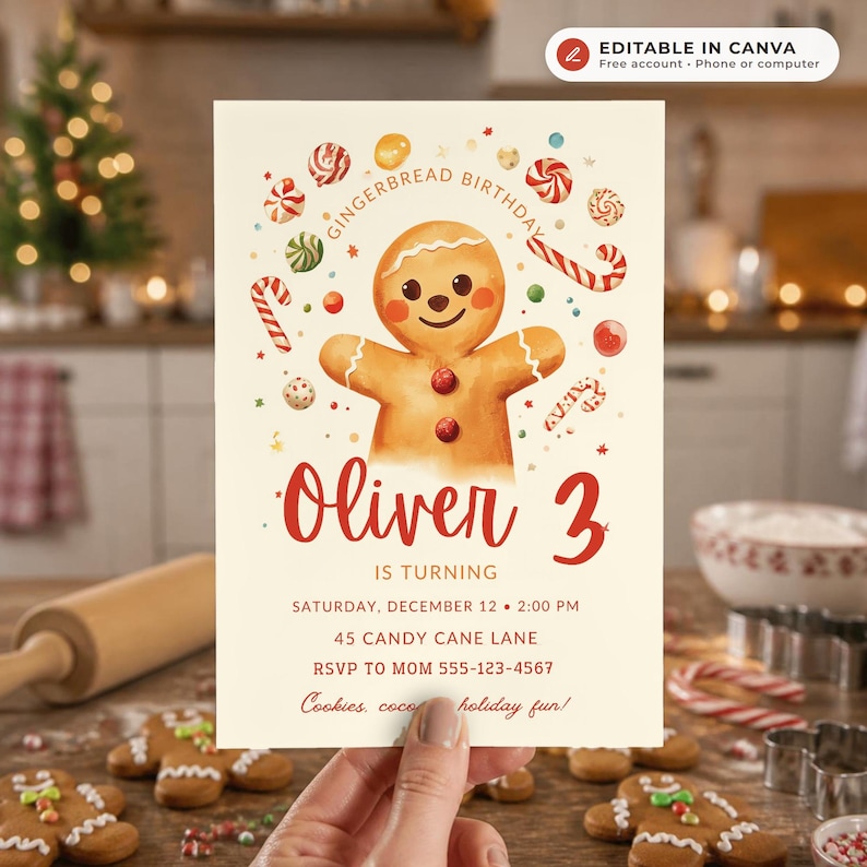 Gingerbread Birthday Invitation, Editable Christmas Winter Kids Party ...