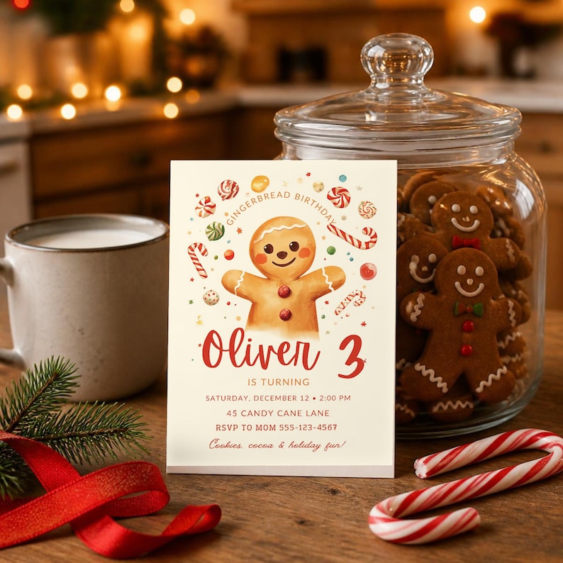 Gingerbread Birthday Invitation, Editable Christmas Winter Kids Party ...