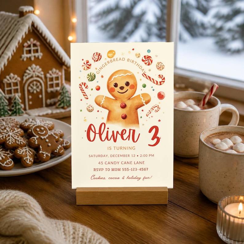 Gingerbread Birthday Invitation, Editable Christmas Winter Kids Party ...