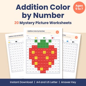 May include: A set of Addition Color by Number worksheets for ages 5 to 7, featuring 20 mystery picture pages. The central page displays a grid with math problems and a color key, revealing a red strawberry with green leaves and yellow seeds.