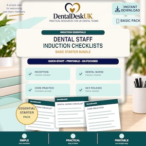 Può includere: Un pacchetto di risorse digitali intitolato Dental Staff Induction Checklists Basic Starter Bundle di DentalDeskUK. Include liste di controllo per reception, infermieri dentali, pratica e politiche, con un design pulito e accenti blu ottanio.