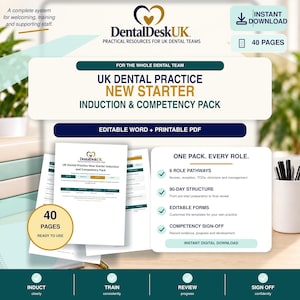 Può includere: Un pacchetto di induzione e competenze per nuovi dipendenti di studi dentistici nel Regno Unito di 40 pagine. Include file Word modificabili e PDF stampabili, con 6 percorsi di ruolo, una struttura di 90 giorni e moduli di competenza.