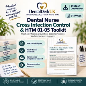 Può includere: Un documento di 34 pagine intitolato Dental Nurse Cross Infection Control & HTM 01-05 Toolkit con copertina bianca, testo blu scuro e un logo a forma di cuore. Il documento include liste di controllo, linee guida di decontaminazione e supporto.