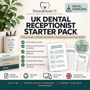 Puede incluir: Una descarga digital para un paquete de inicio de recepcionista dental en el Reino Unido que incluye guiones de capacitación, hojas de escritorio imprimibles y políticas. El gráfico incluye texto, un guion telefónico y listas de verificación.