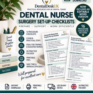 Op de afbeelding: Een digitaal productoverzicht voor DentalDeskUK tandartsassistent operatie-checklists. De afbeelding toont tekst, iconen en twee voorbeeldchecklists voor composietrestauratie en routine-extractie, met 16 printbare procedure-checklists.