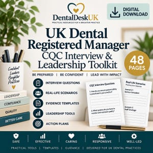 Puede incluir: Una descarga digital titulada UK Dental Registered Manager CQC Interview & Leadership Toolkit. El documento de 48 páginas incluye preguntas de entrevista, escenarios de la vida real, plantillas de evidencia, herramientas de liderazgo y planes de acción.