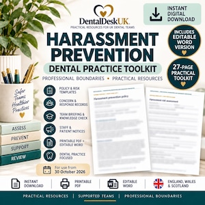 Può includere: Un kit di strumenti digitale per la prevenzione delle molestie negli studi dentistici con modelli di policy, valutazioni dei rischi, briefing per il team e avvisi. Include 27 pagine, file Word modificabili e PDF stampabili dal 30 ottobre 2026.