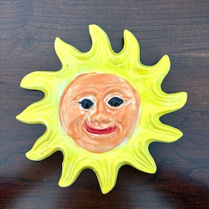Vintage Italian Ceramic Sun Face Wall Plaque, Smiling Yellow Sun Hanging Decor (5 Inch)