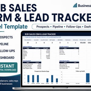 Op de afbeelding: Een B2B Sales CRM en Lead Tracker Excel-sjabloon weergegeven op een laptopscherm. De interface bevat secties voor prospects, pijplijn, follow-ups en een dashboard met gegevenstabellen, statistieken en staafdiagrammen voor verkoopgegevens.