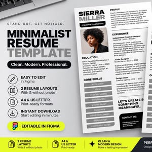 May include: A digital resume template set featuring two white A4 and US Letter layouts with black text, a profile photo placeholder, sections for experience, education, and core skills, and a Figma logo, presented on a light gray background.