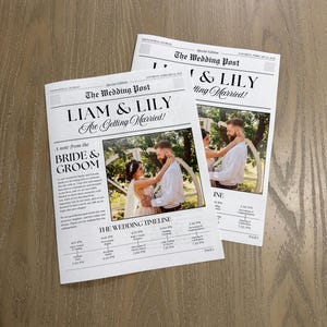 May include: Two white paper wedding programs styled as a newspaper titled The Wedding Post. The layout includes the headline Liam & Lily Are Getting Married!, a photograph of a couple, a note from the bride and groom, and a wedding timeline.