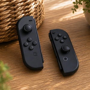 以下が含まれることがあります： 中央にアナログスティック、4つの円形ボタンを備えた方向パッド、X、Y、A、Bのラベルが付いたアクションボタン、小さな円形のホームボタンとキャプチャボタンを備えた、2つの黒いワイヤレスゲームコントローラー。