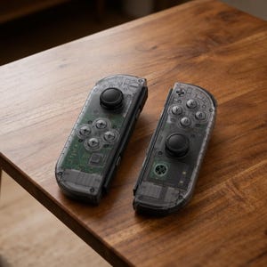May include: Two wireless game controllers with a transparent dark gray casing that reveals the internal green circuit boards, black analog joysticks, and silver buttons labeled with X, Y, A, and B, arranged in a standard gaming configuration.