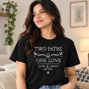Personalized Celestial Wedding Tee, Two Paths One Love Couple Shirt (Custom Names & Date)