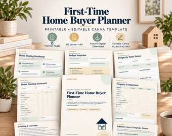 Planificador para compradores de vivienda por primera vez, lista de verificación para la búsqueda de vivienda, comparación de propiedades, plantilla editable de Canva.