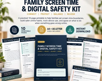 Kit para el control del tiempo frente a la pantalla en familia, normas de seguridad digital para niños, acuerdo sobre el uso de la tecnología, PDF imprimible