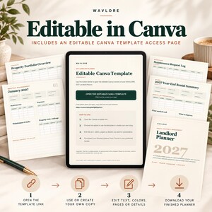 May include: A digital landlord planner template for 2027, editable in Canva. The display shows a central tablet screen with access instructions, surrounded by printed pages including a property portfolio, monthly management, and maintenance logs.