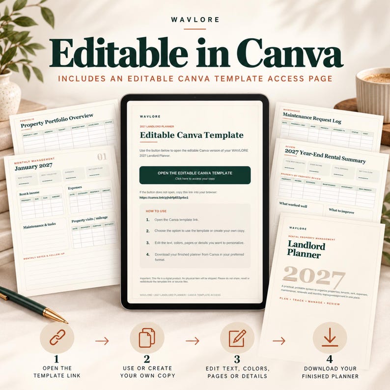 May include: A digital landlord planner template for 2027, editable in Canva. The display shows a central tablet screen with access instructions, surrounded by printed pages including a property portfolio, monthly management, and maintenance logs.