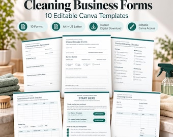 Paquete de formularios para empresas de limpieza, 10 plantillas editables de Canva, admisión de clientes, facturas, listas de verificación.