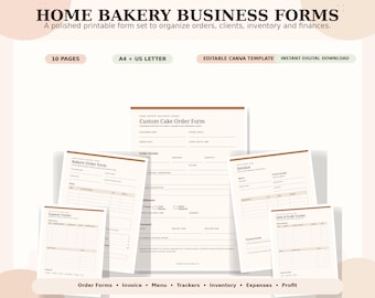 Paquete de formularios para panadería casera, 10 plantillas editables de Canva, formulario de pedido de pasteles, factura, seguimiento de pedidos.