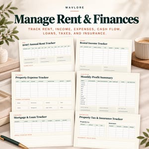 May include: A set of financial tracking templates titled Manage Rent & Finances, featuring forms for 2027 Annual Rent, Rental Income, Property Expense, Monthly Profit Summary, Mortgage & Loan, and Property Tax & Insurance with light green grid lines.