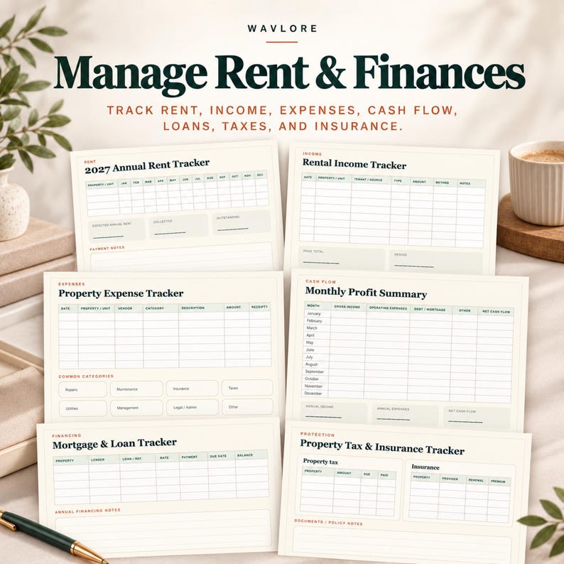 May include: A set of financial tracking templates titled Manage Rent & Finances, featuring forms for 2027 Annual Rent, Rental Income, Property Expense, Monthly Profit Summary, Mortgage & Loan, and Property Tax & Insurance with light green grid lines.
