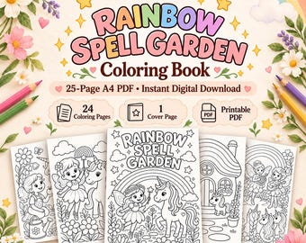 Libro para colorear Jardín de Hechizos Arcoíris en PDF / Unicornio Hada Imprimible / 24 Páginas / Descarga en formato A4