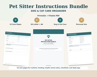Instrucciones para el cuidado de mascotas: Guía imprimible y rellenable para el cuidado de perros y gatos, formato PDF (A4 y Carta de EE. UU.)