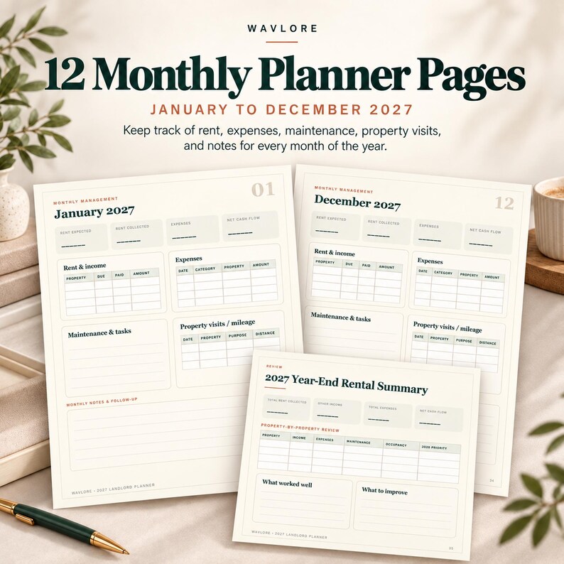 May include: A set of 12 monthly planner pages for 2027, featuring sections for rent, expenses, maintenance, and property visits. The pages include a 2027 Year-End Rental Summary, with text headings like January 2027, December 2027, and Wavlore.