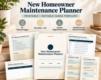 Planificador de mantenimiento para nuevos propietarios, lista de verificación estacional, registro de reparaciones, seguimiento de garantías, plantilla de Canva